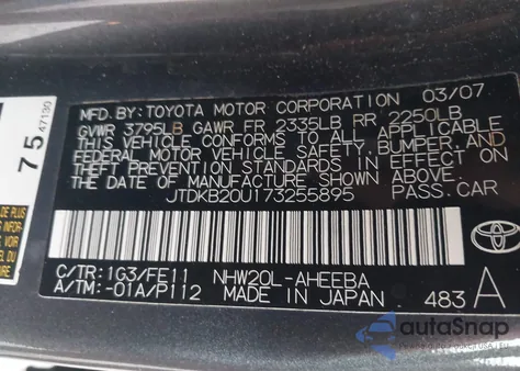 2007 Toyota Prius z USA, uszkodzony, nr VIN JTDKB20U173255895